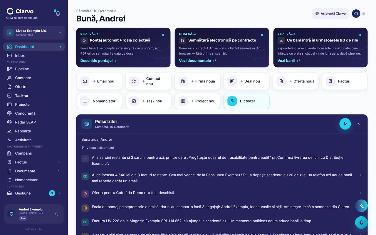 Clarvo CRM — dashboard-ul zilei, cu sugestiile asistentului