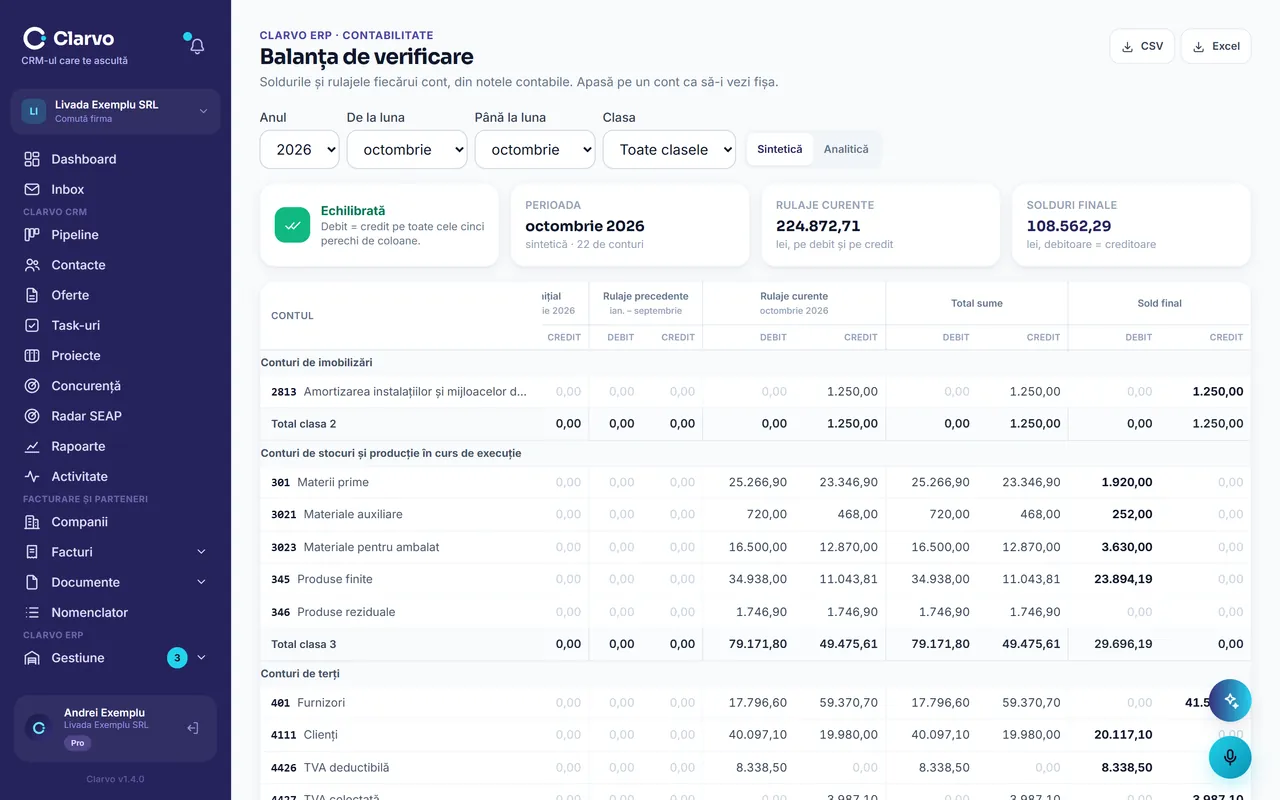 Clarvo ERP — balanța de verificare pe luna aleasă