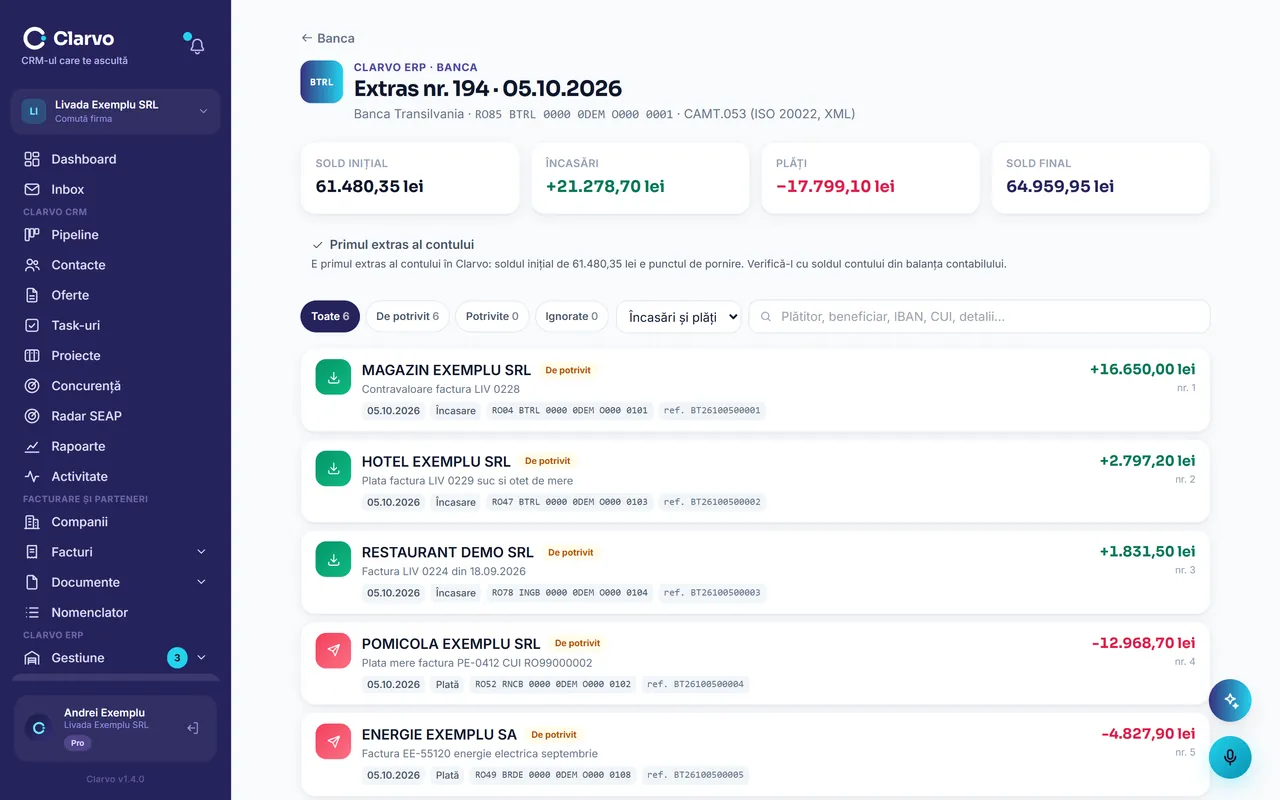 Clarvo ERP — extrasul bancar importat, cu liniile de potrivit