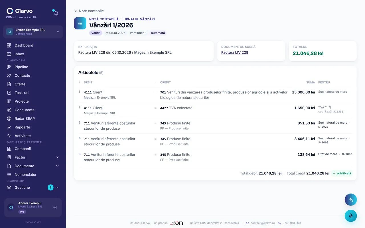 Clarvo ERP — nota contabilă scrisă singură din document