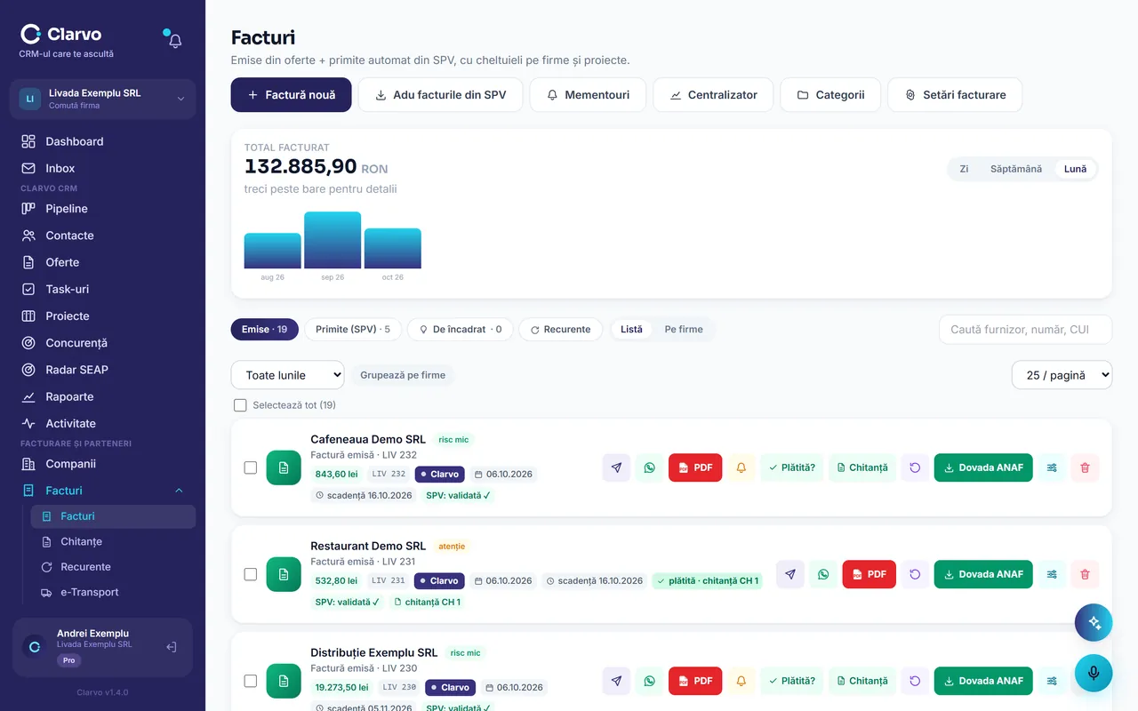Clarvo — facturile emise și primite, cu e-Factura