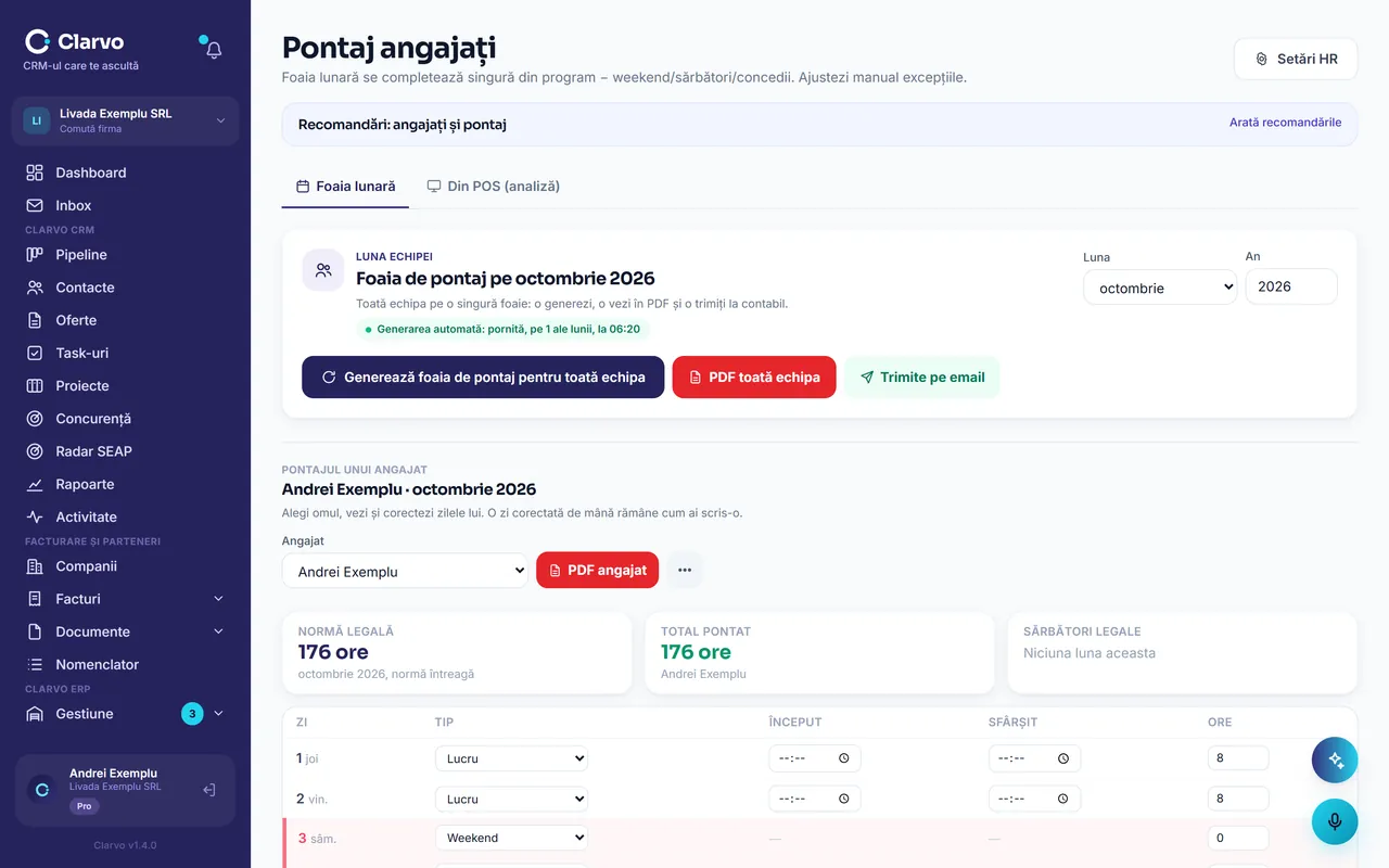 Clarvo HR — pontajul lunar și foaia colectivă
