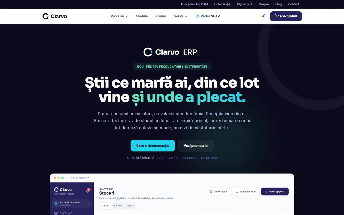 Clarvo ERP — captură a site-ului